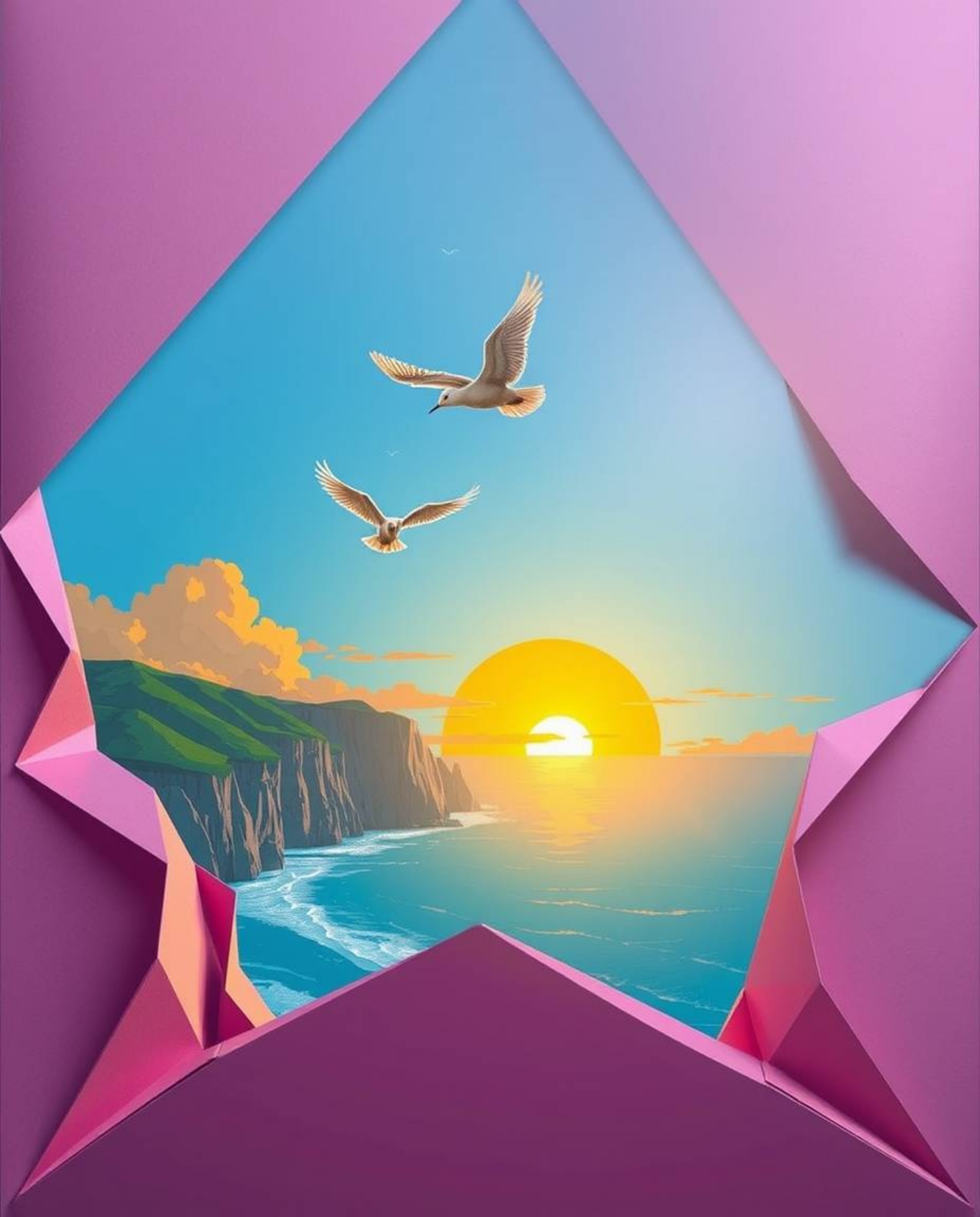 This is an origami-style illustration of a coastal cliff sunset, complete with soaring birds. The artwork features a bright l