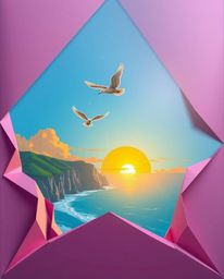 This is an origami-style illustration of a coastal cliff sunset, complete with soaring birds. The artwork features a bright l