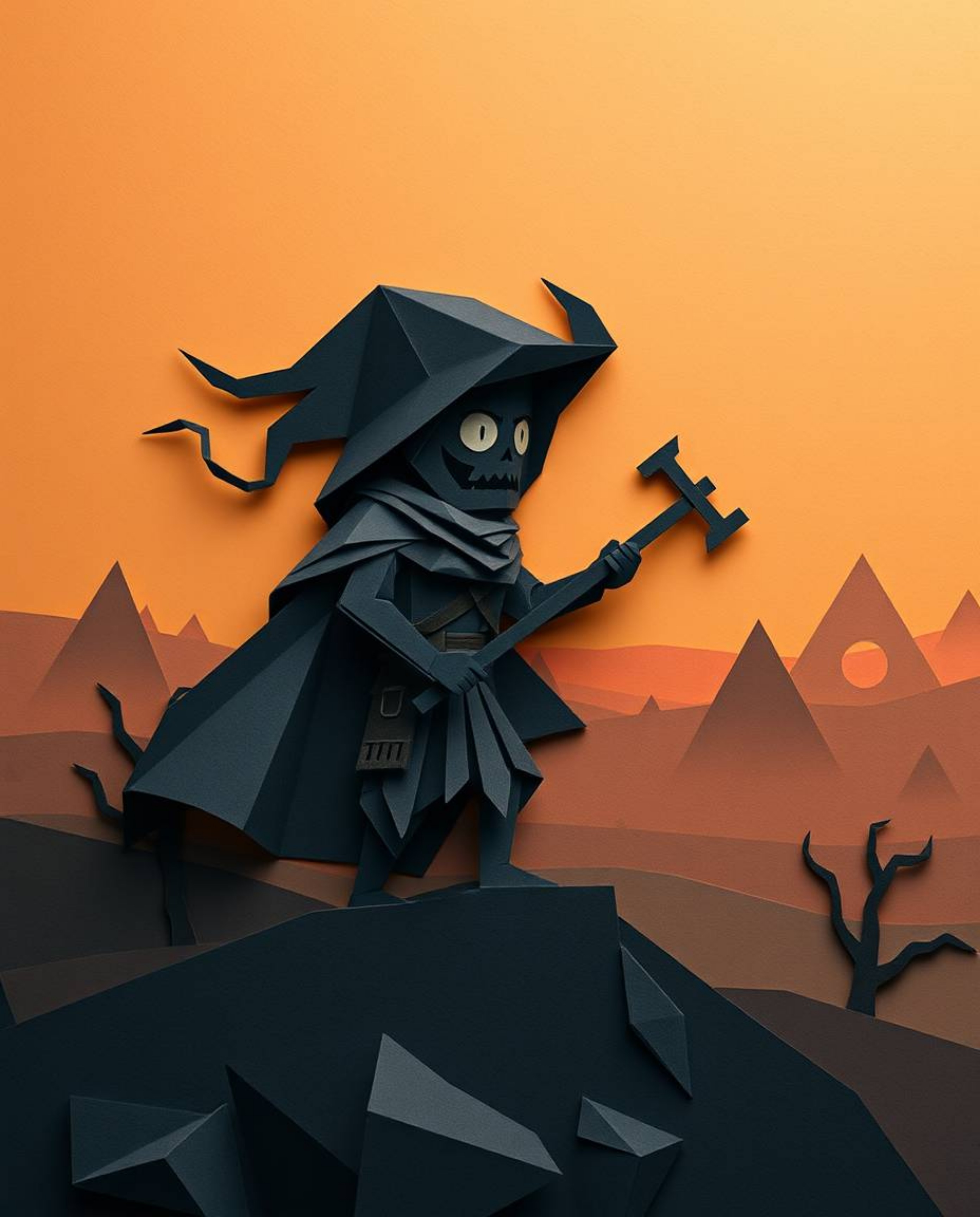 A brave hero embarks on a thrilling desert adventure in this intricately folded paper origami illustration. The eerie, creep