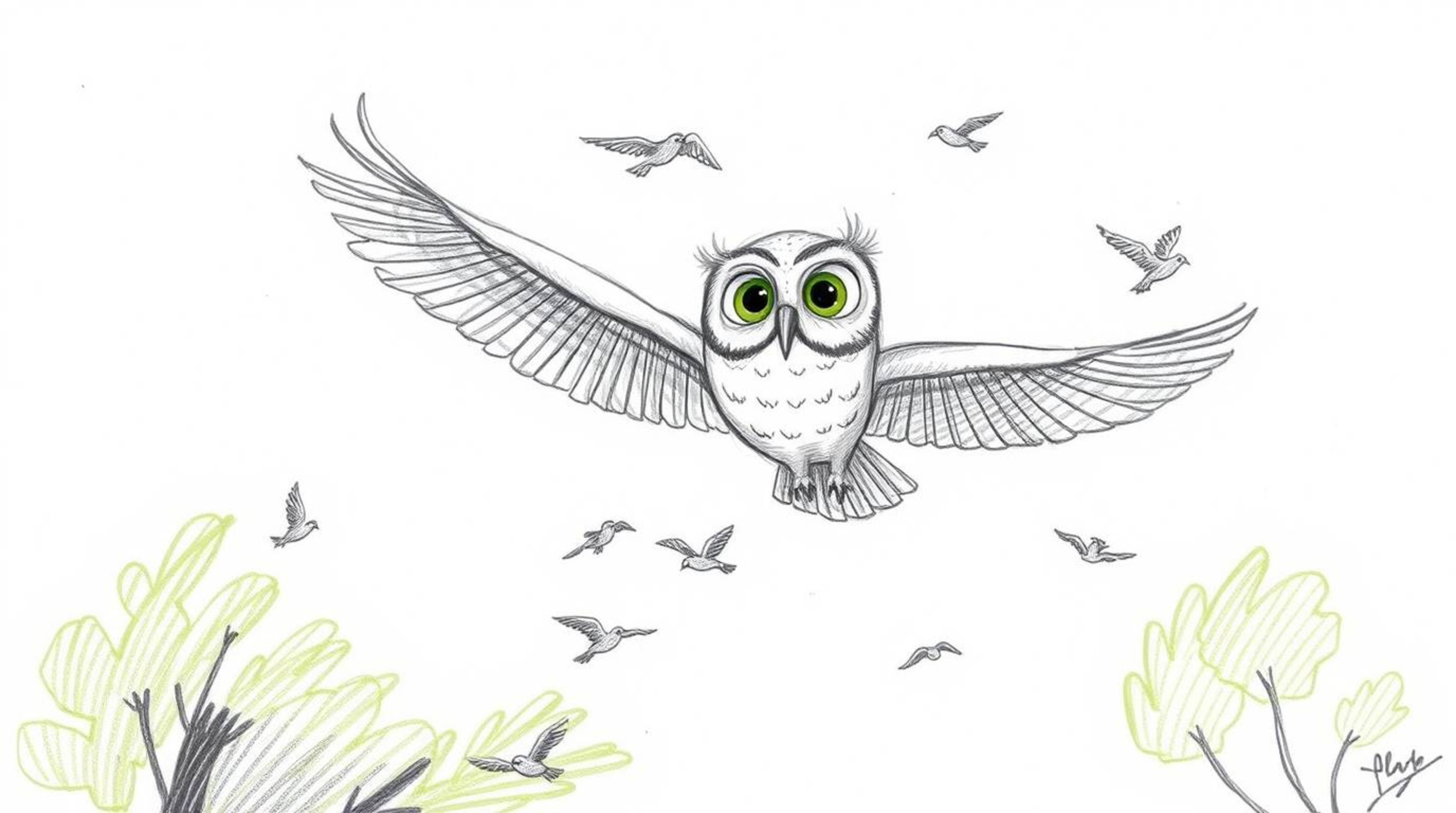 A heartwarming hand-drawn sketch in the style of Pixar portrays a blind owl with large, expressive eyes guiding a flock of bi