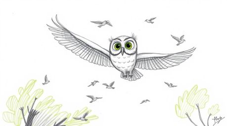 A heartwarming hand-drawn sketch in the style of Pixar portrays a blind owl with large, expressive eyes guiding a flock of bi