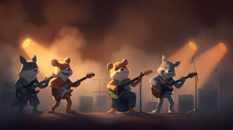 A captivating music video featuring a band of cartoon animals rocking out under a hazy, soft light.  The dreamy atmosphere is