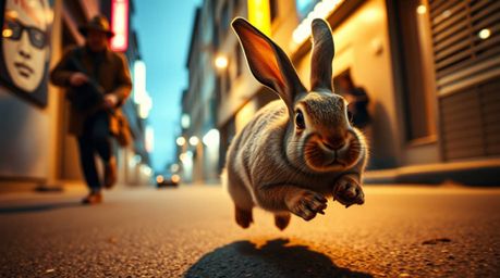 A candid street photograph capturing a wacky rabbit with exaggerated features desperately outrunning a hunter in an urban set
