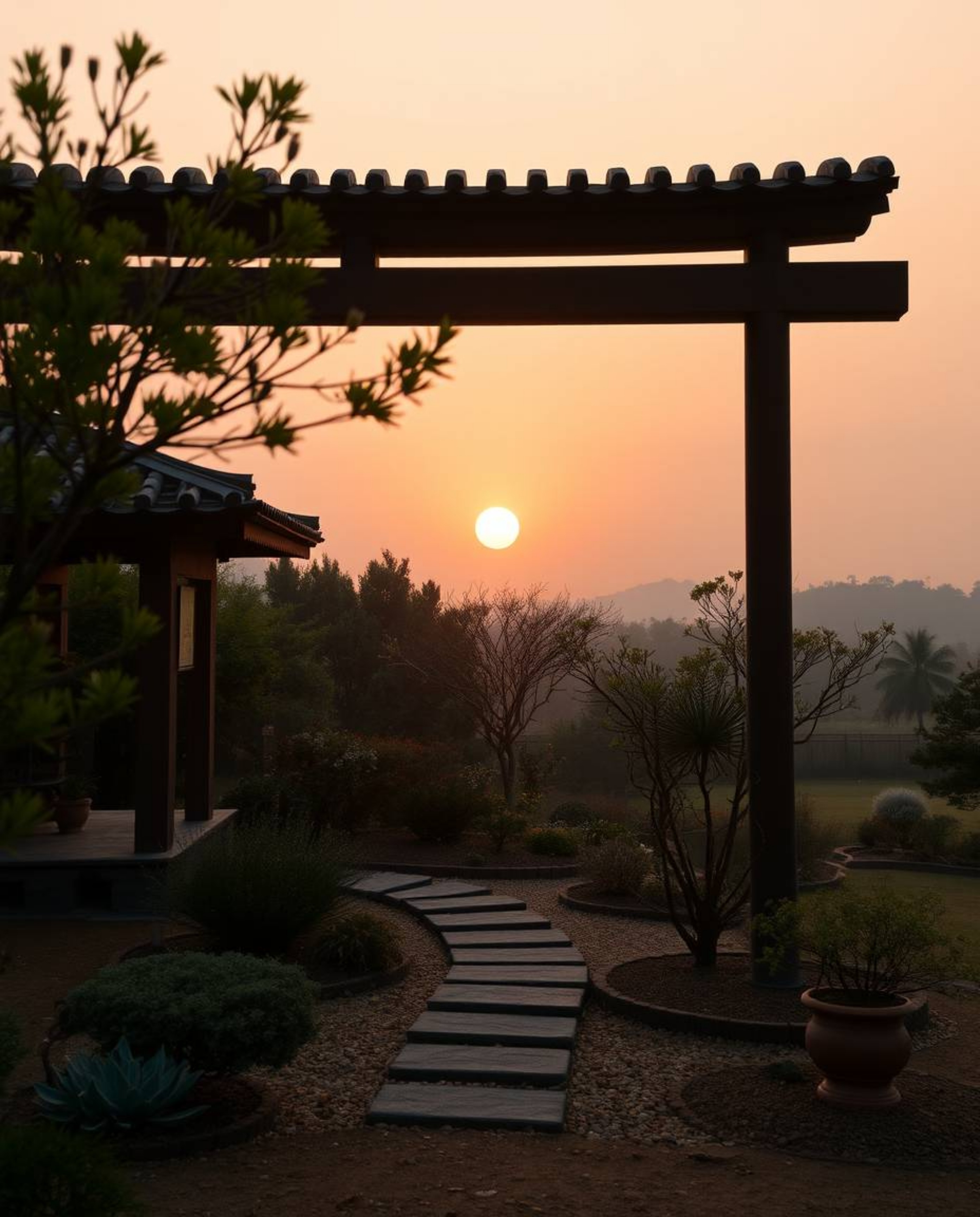 Experience a serene Zen garden at sunset, captured in a beautifully cinematic photograph. This composition is defined by its 