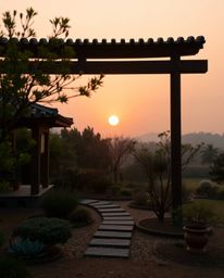 Experience a serene Zen garden at sunset, captured in a beautifully cinematic photograph. This composition is defined by its 