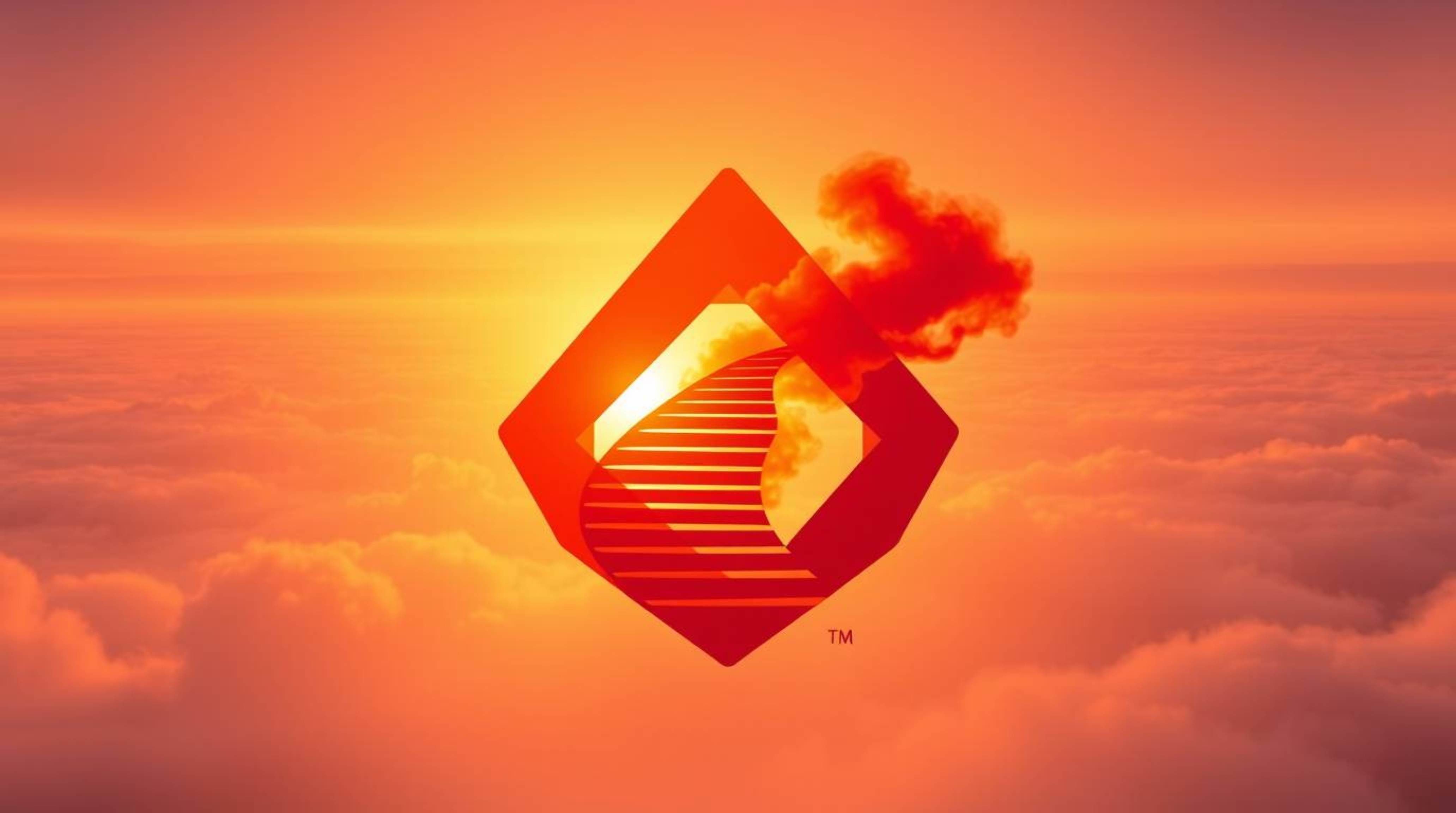 A geometric logo featuring a winding stairway formed from smoke and light, ascending into a vast, cloudy sky bathed in warm s