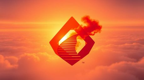 A geometric logo featuring a winding stairway formed from smoke and light, ascending into a vast, cloudy sky bathed in warm s