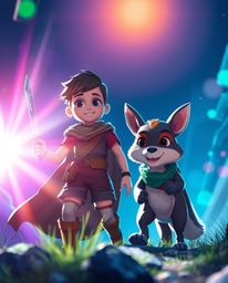 Embark on an epic journey with a brave hero and their talking animal sidekick, illuminated by a mesmerizing display of bright