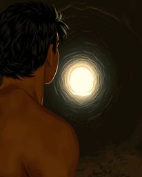 A captivating scene depicts a person with olive skin and dark hair silhouetted at the entrance of a dark tunnel, their gaze f