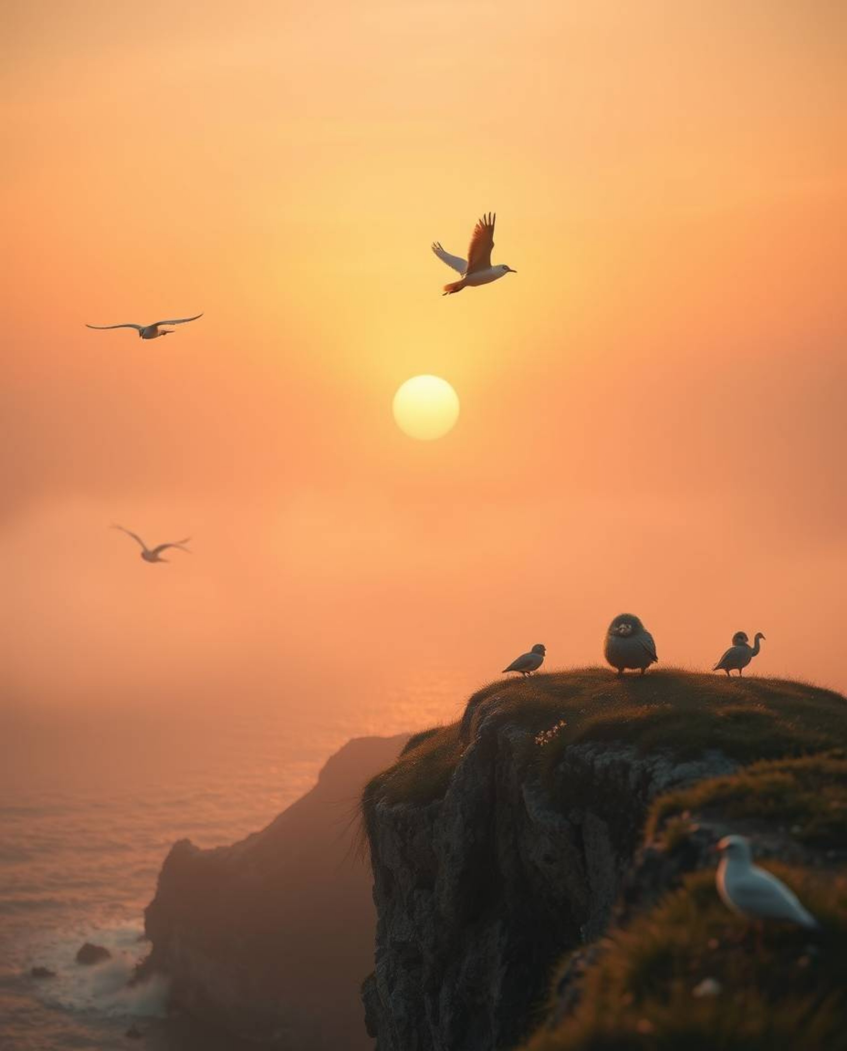 A soft cinematic, dreamlike, and surreal sunset unfolds over a coastal cliff, where soaring birds, fantastical elements, and 