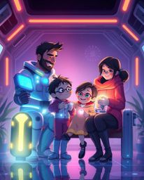 Experience a heartwarming family reunion in a futuristic sci-fi setting, depicted in the beloved Pixar style. Bioluminescent 