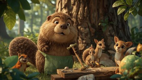 A high-resolution stock photo in a whimsical, Pixar-inspired style, featuring a determined beaver with a fluffy brown coat an
