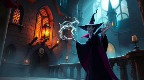 A captivating image of a classic Disney villain casting a spell within an ancient castle.  The scene is awash in bright, vibr