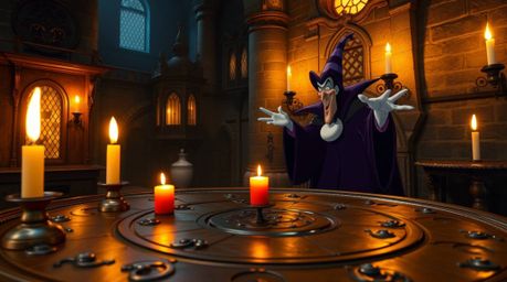 A classic Disney villain conjures a spell within the warm glow of candlelight in an antique castle. The scene is rich with d