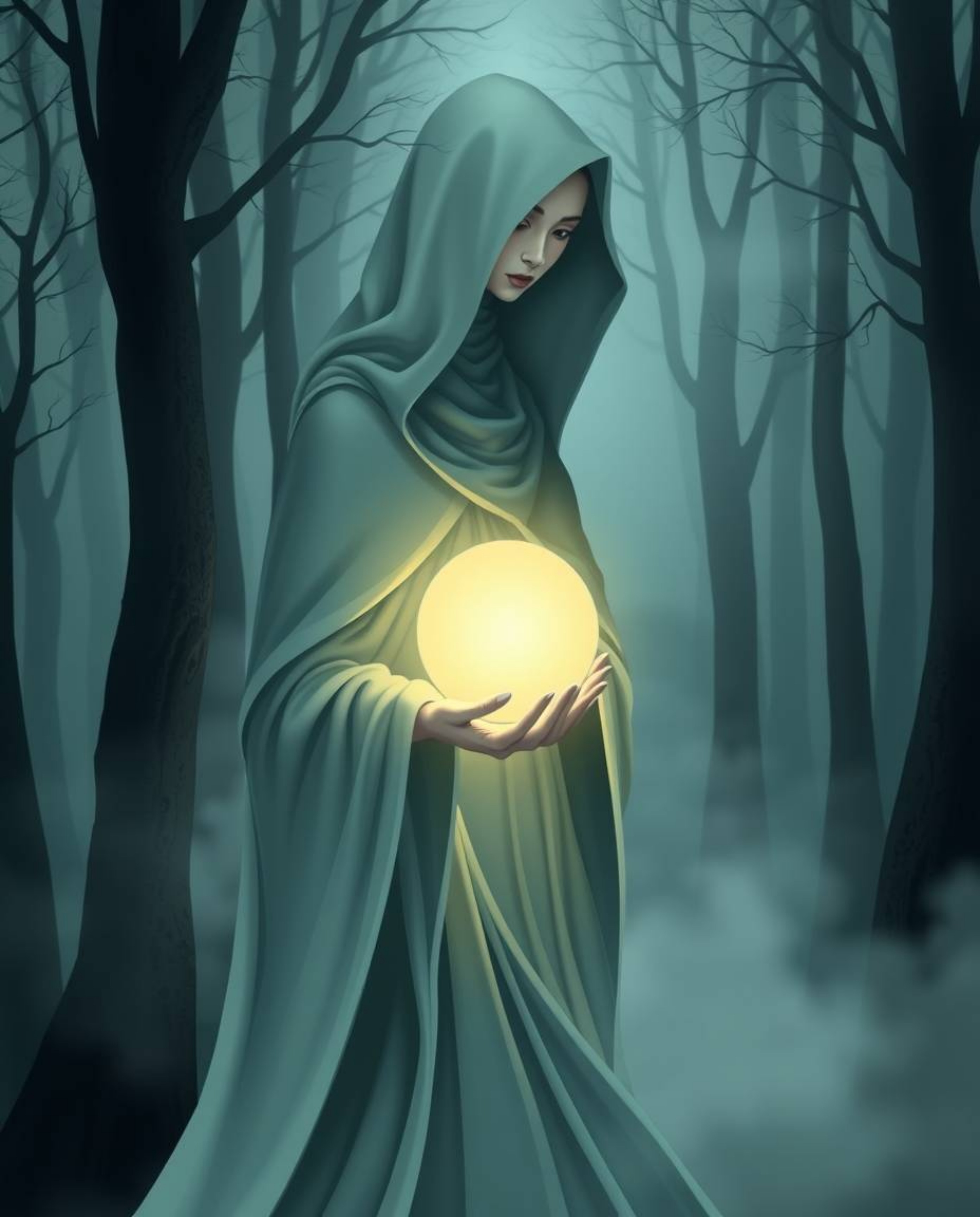 A graceful, elegant cloaked figure with refined features holds a glowing orb in a misty forest, depicted through a seamless g