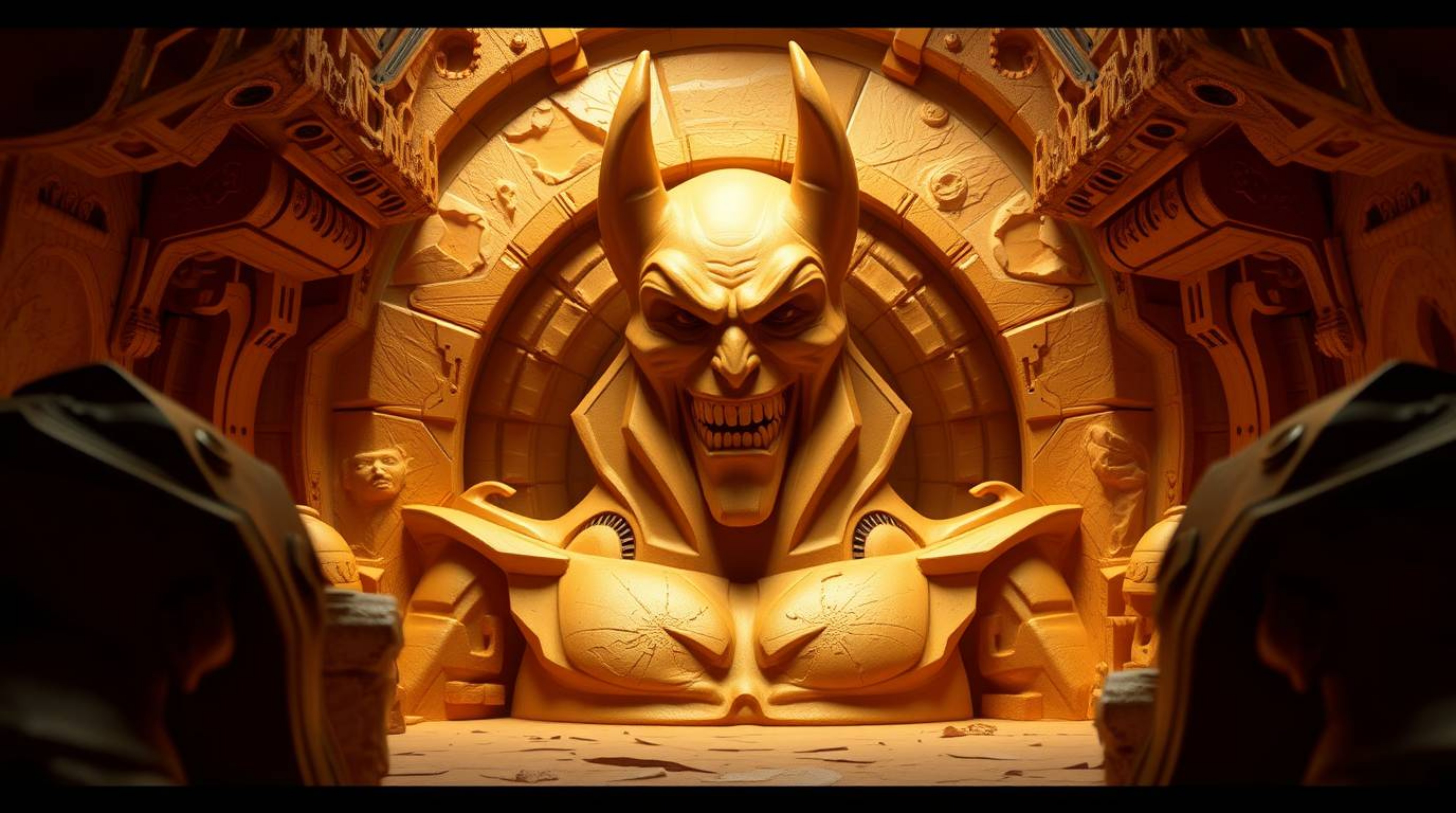 A comedic scene depicting a villain's hilarious meltdown within a luxurious, high-tech lair sculpted from warm golden clay.  