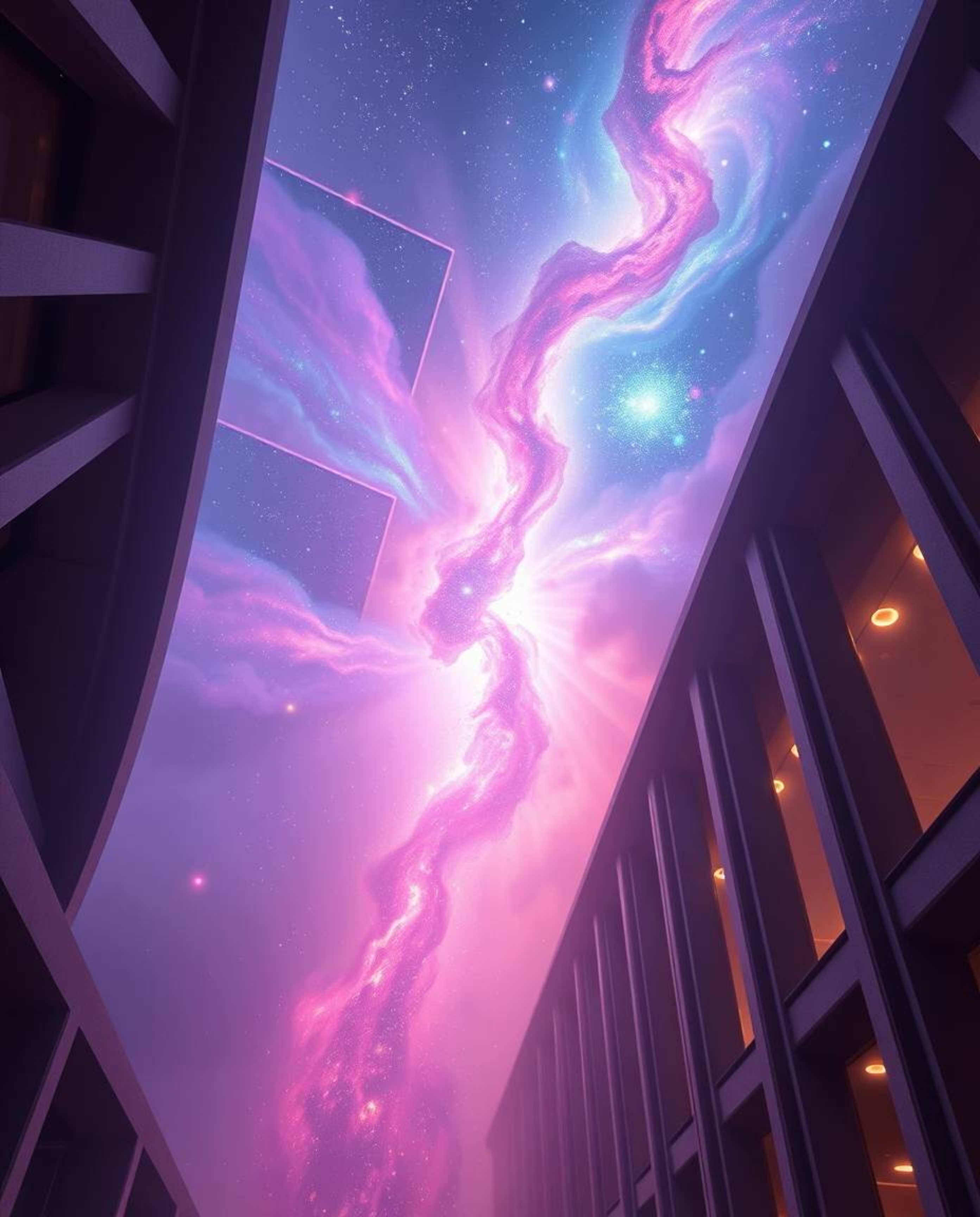 A stunning architectural color photograph captures the breathtaking collision of galaxies, a cosmic explosion of light and co