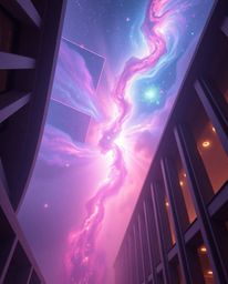 A stunning architectural color photograph captures the breathtaking collision of galaxies, a cosmic explosion of light and co