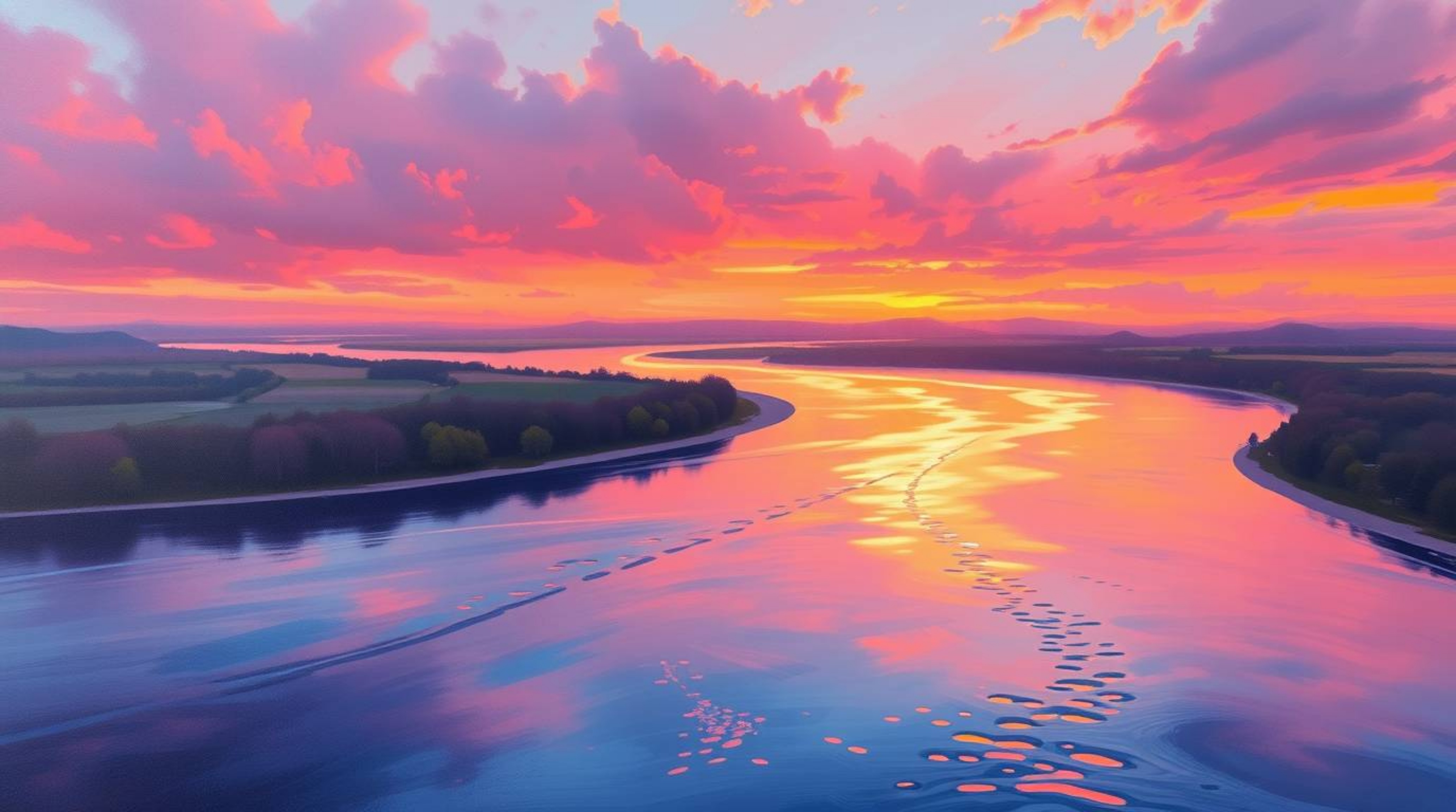 An impressionistic painting depicting a winding river glowing under a dramatic orange-pink sky.  Soft light illuminates the w
