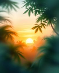 A delicate watercolor painting of a sunset filtering through a dense jungle canopy, infused with dynamic motion. The artwork 