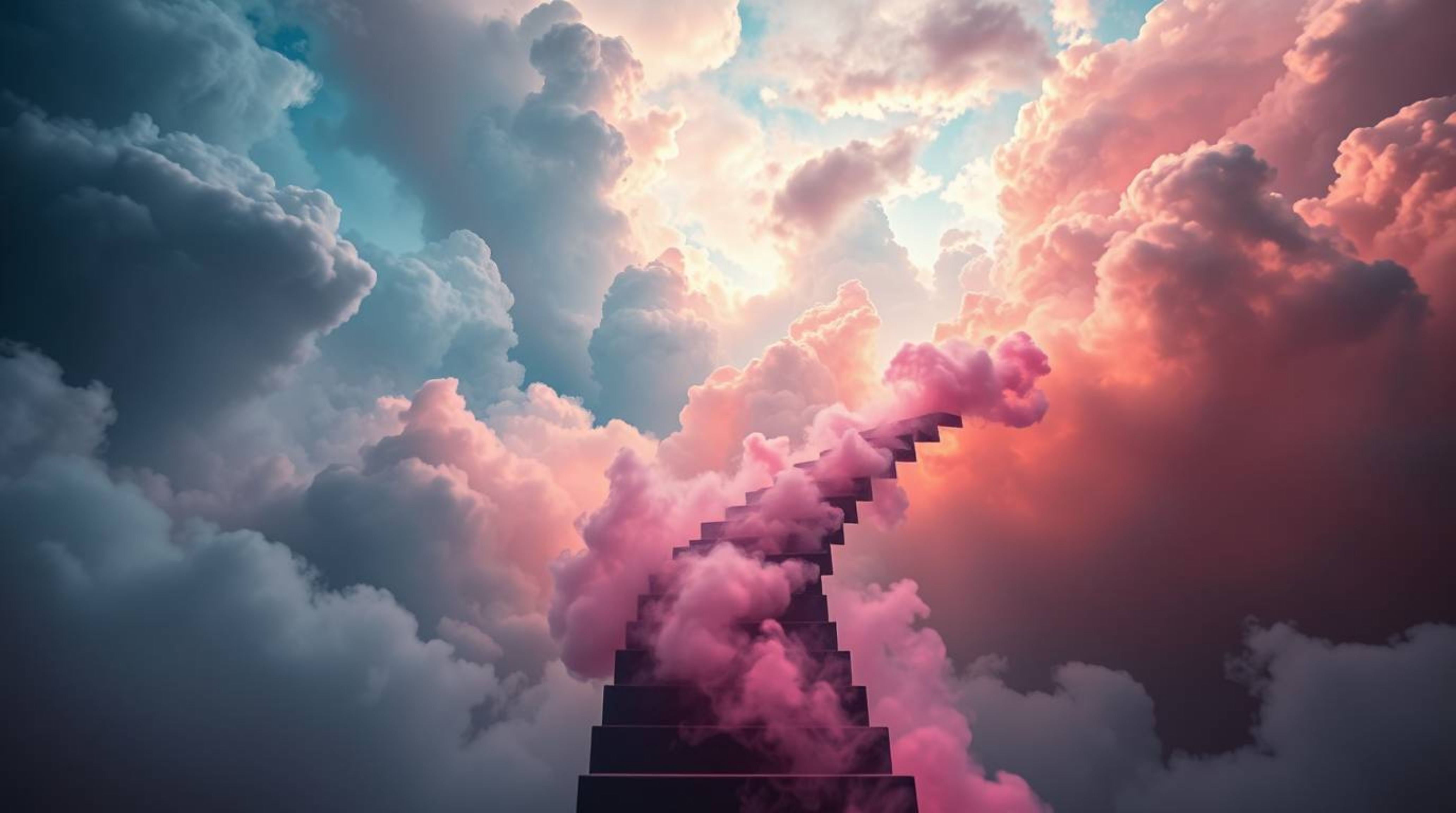 A mesmerizing digital art piece depicts a winding stairway composed of smoke and light, ascending into a vast, cloudy sky.  T