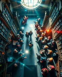 Experience a breathtaking bird's eye view of a vibrant and magical school teeming with young wizards. This overhead perspecti