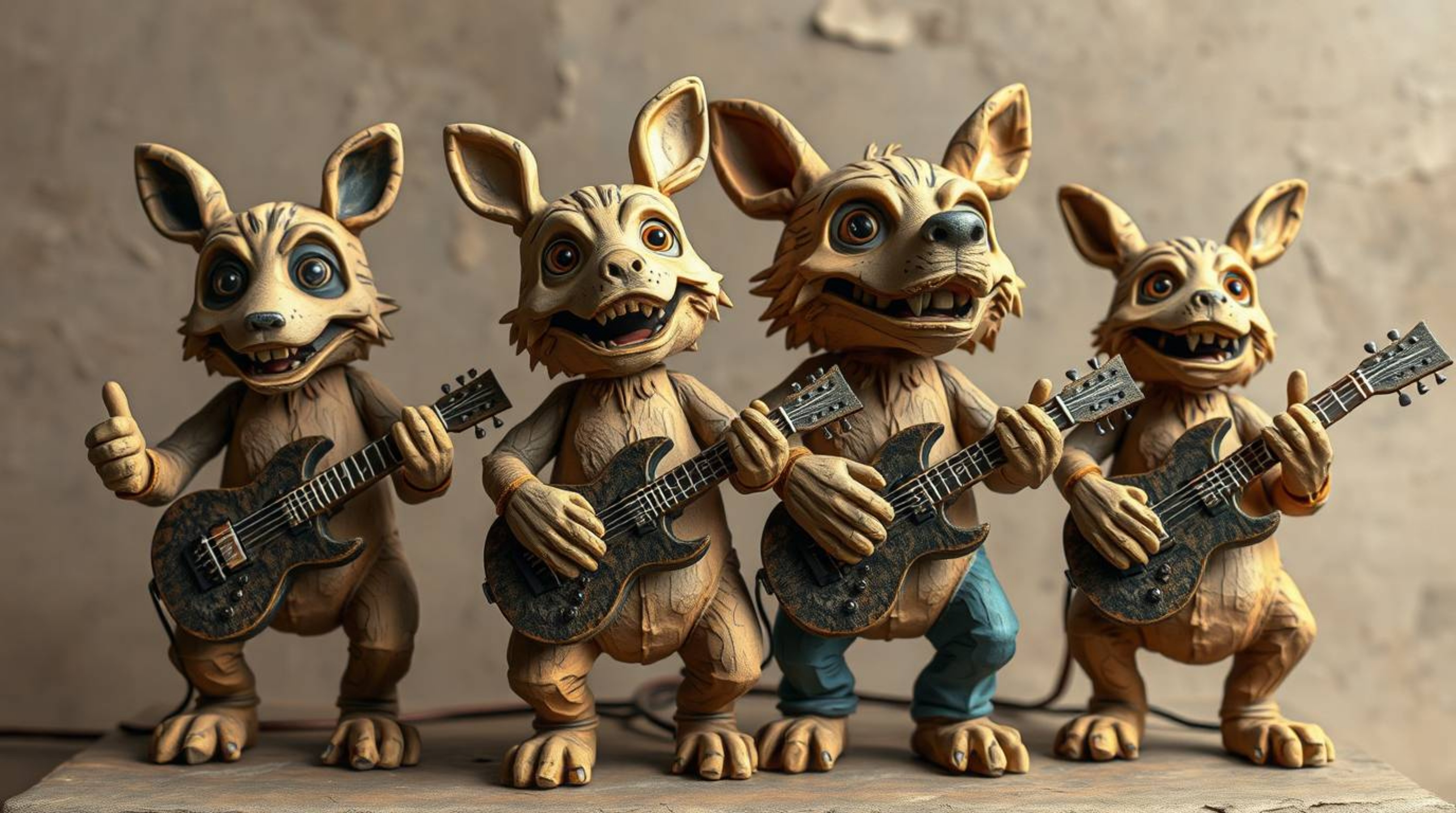 Discover a unique rock band sculpted from layered papier-mâché! This captivating artwork features a group of expressive carto