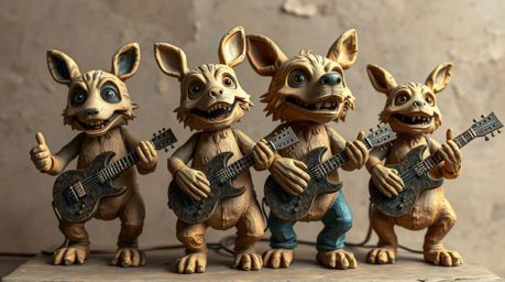 Discover a unique rock band sculpted from layered papier-mâché! This captivating artwork features a group of expressive carto