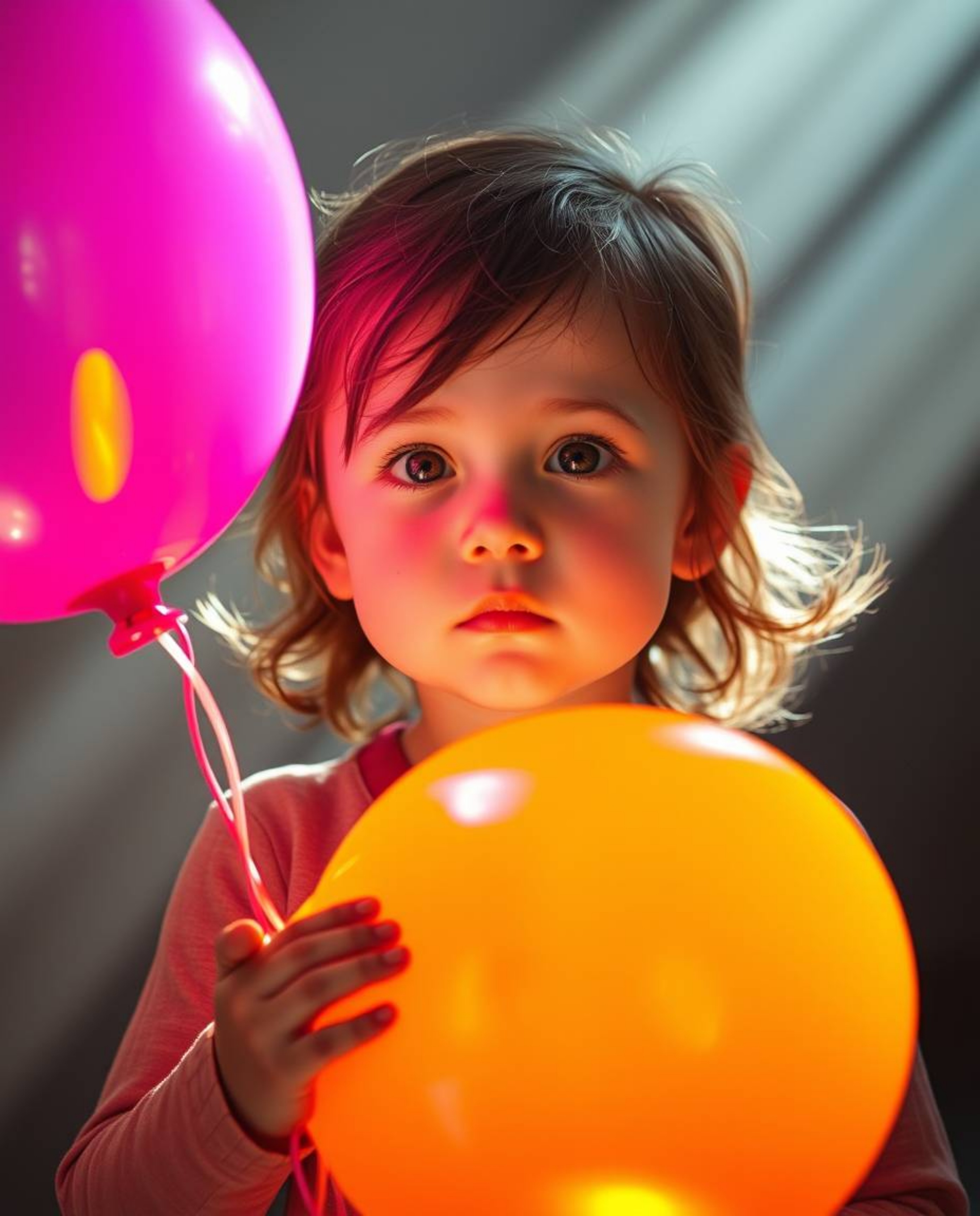 A captivating image showcasing a child with rosy cheeks holding a vibrant balloon. The scene is a juxtaposition of soft, drea