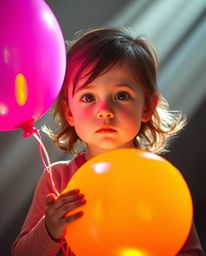 A captivating image showcasing a child with rosy cheeks holding a vibrant balloon. The scene is a juxtaposition of soft, drea
