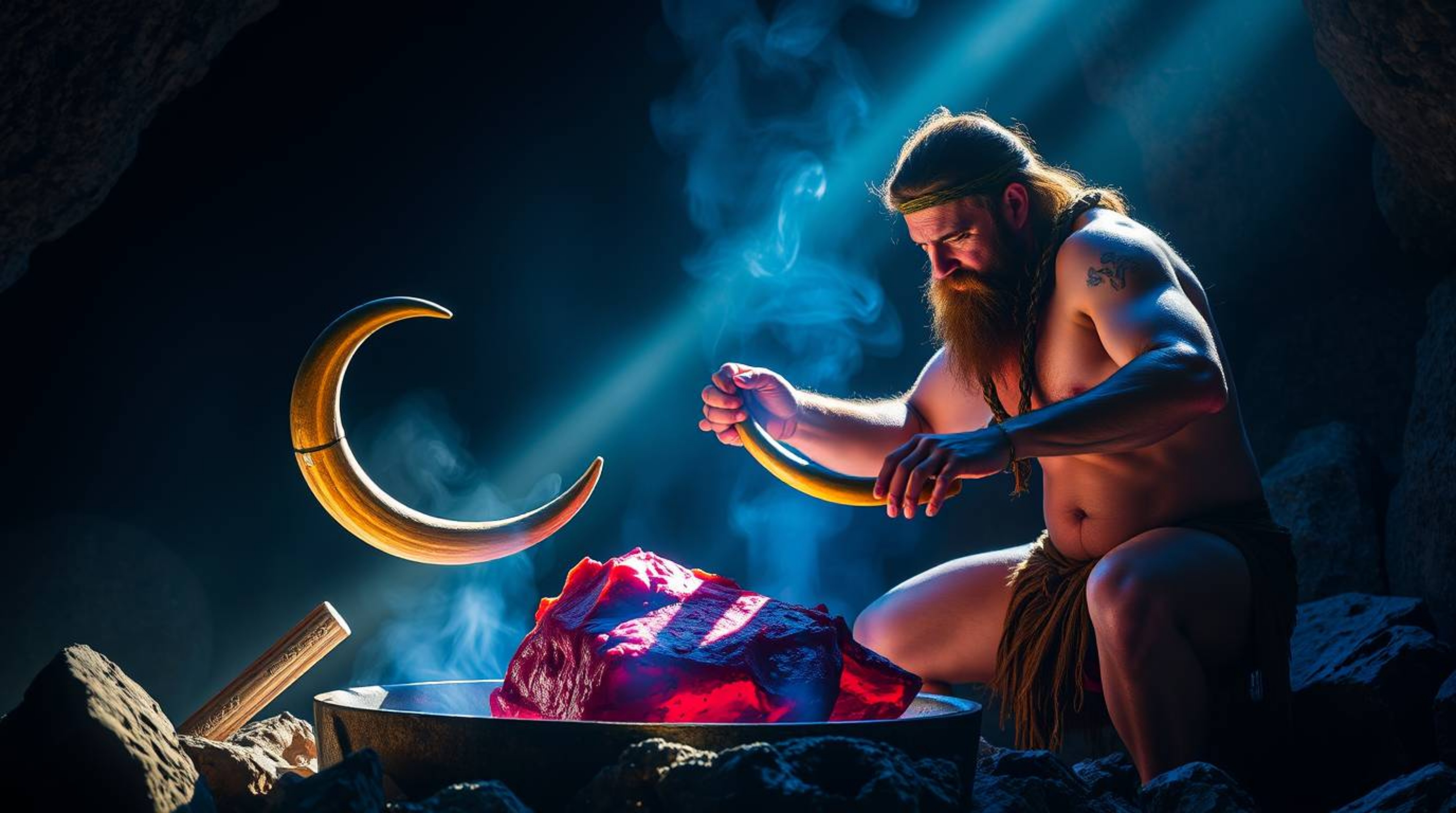 A striking digital artwork depicting a caveman preparing mammoth meat under strong, hard lighting with cool colors. The image