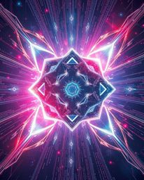 Experience the ethereal beauty of an Isekai anime-style scene. Glitched geometric shapes float in a light-aura cyberspace, cr