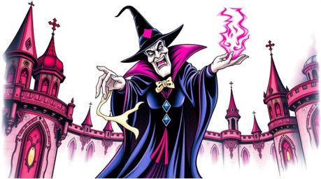 This striking art print features a classic Disney villain casting a powerful spell within a vibrantly colored, retro-style ca