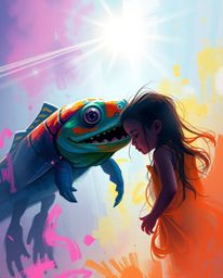 A heartwarming digital sketch depicting an unlikely friendship between a sea creature and a human child. The scene is rendere