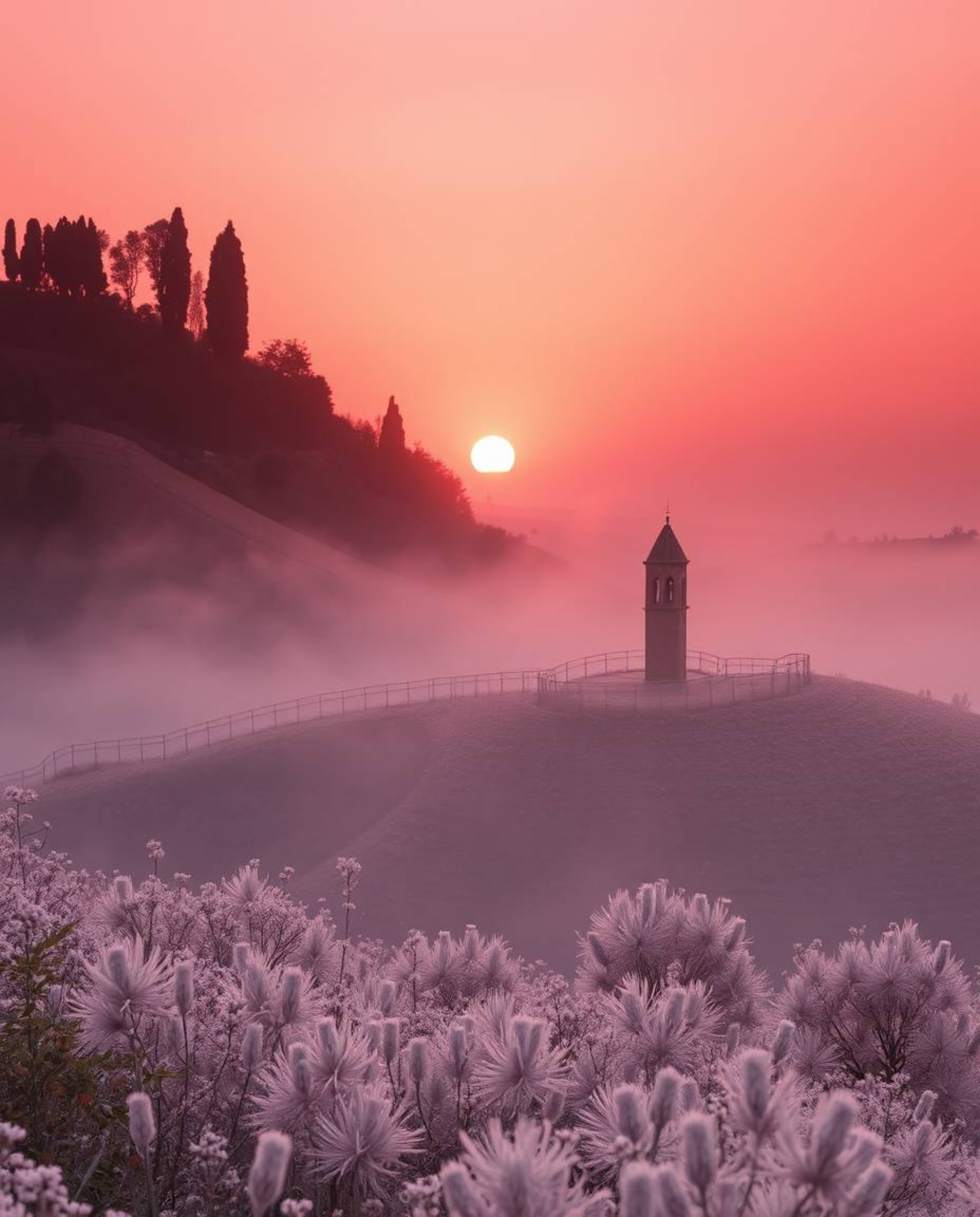 A surreal infrared toned photograph, tightly focused with a close-up shot, depicting a sunset over misty rolling hills in Tus