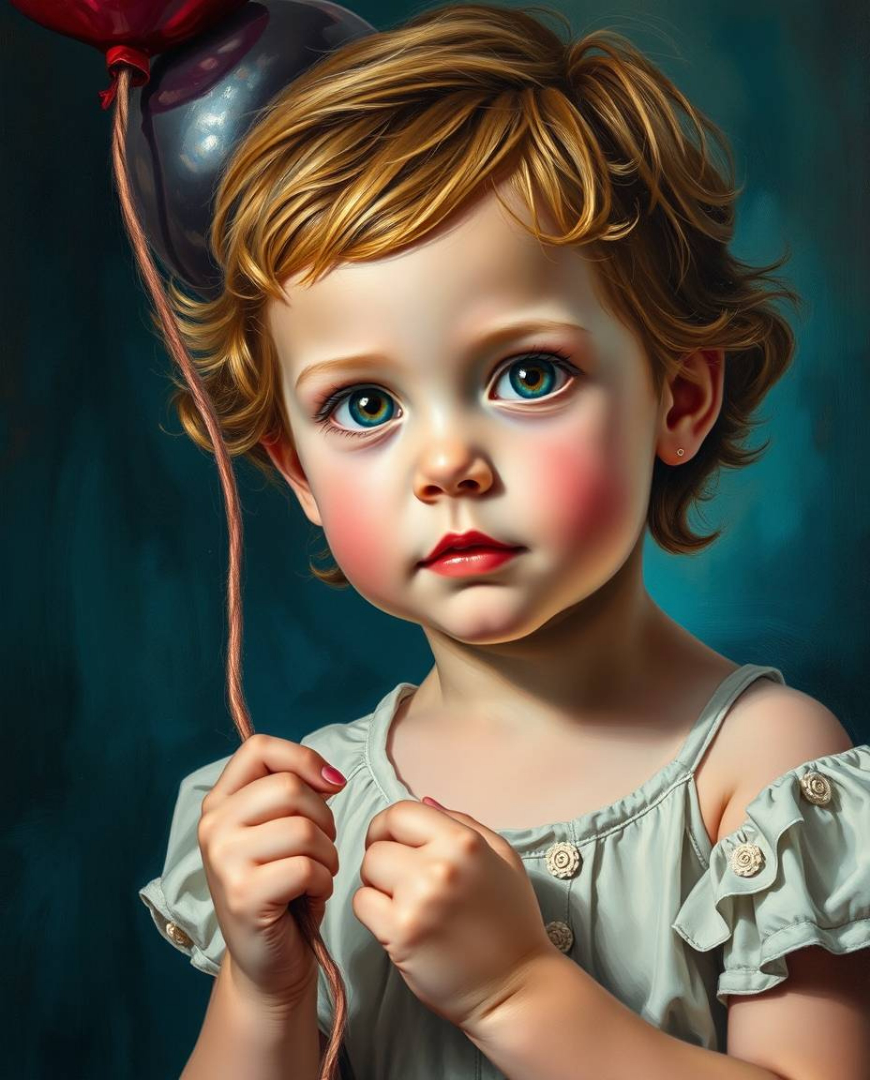 A captivating classic oil painting depicts a fair-skinned child joyfully holding a balloon.  Rendered in rich, deep teal hues