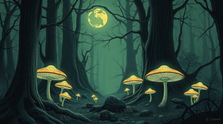 Explore a captivating futuristic sci-fi illustration featuring a vintage-style enchanted forest illuminated by glowing mushro