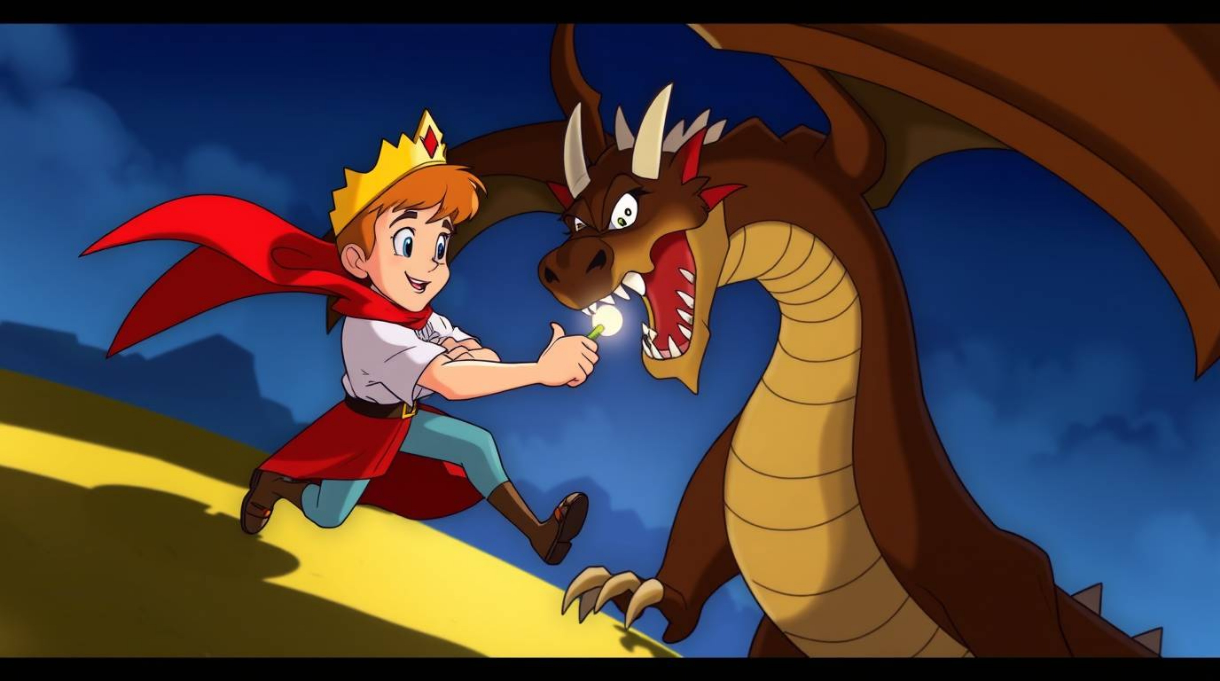 Experience a classic tale reimagined with a mid-century modern twist. This artwork depicts a charming prince valiantly battli