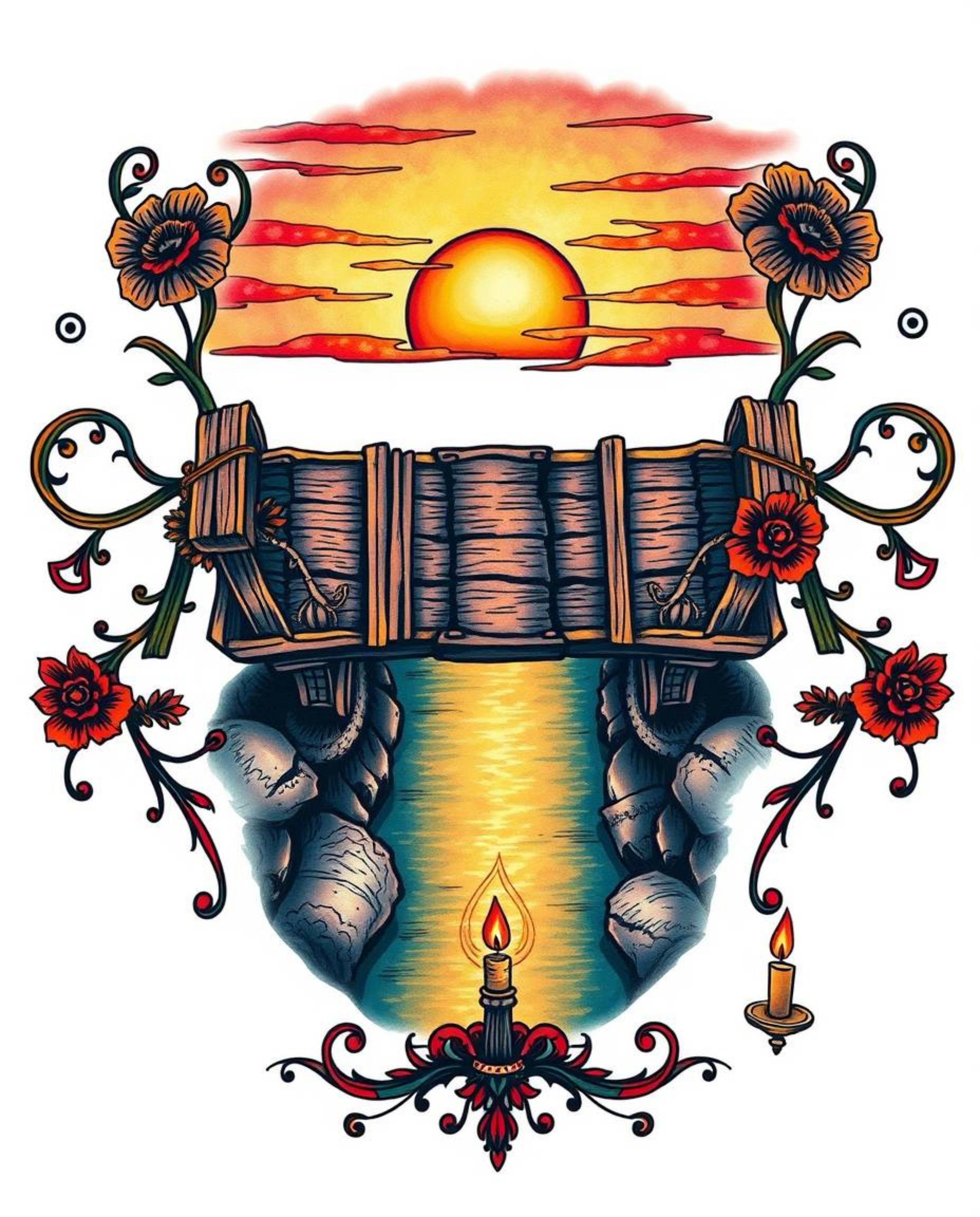 This is a traditional tattoo art print showcasing an overhead bird's eye view of an old wooden bridge over a river at sunset.