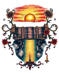 This is a traditional tattoo art print showcasing an overhead bird's eye view of an old wooden bridge over a river at sunset.