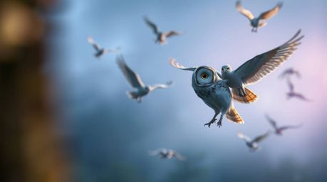 A captivating long-exposure photograph showcasing a blind owl, rendered in Pixar's distinctive style, guiding birds in their 