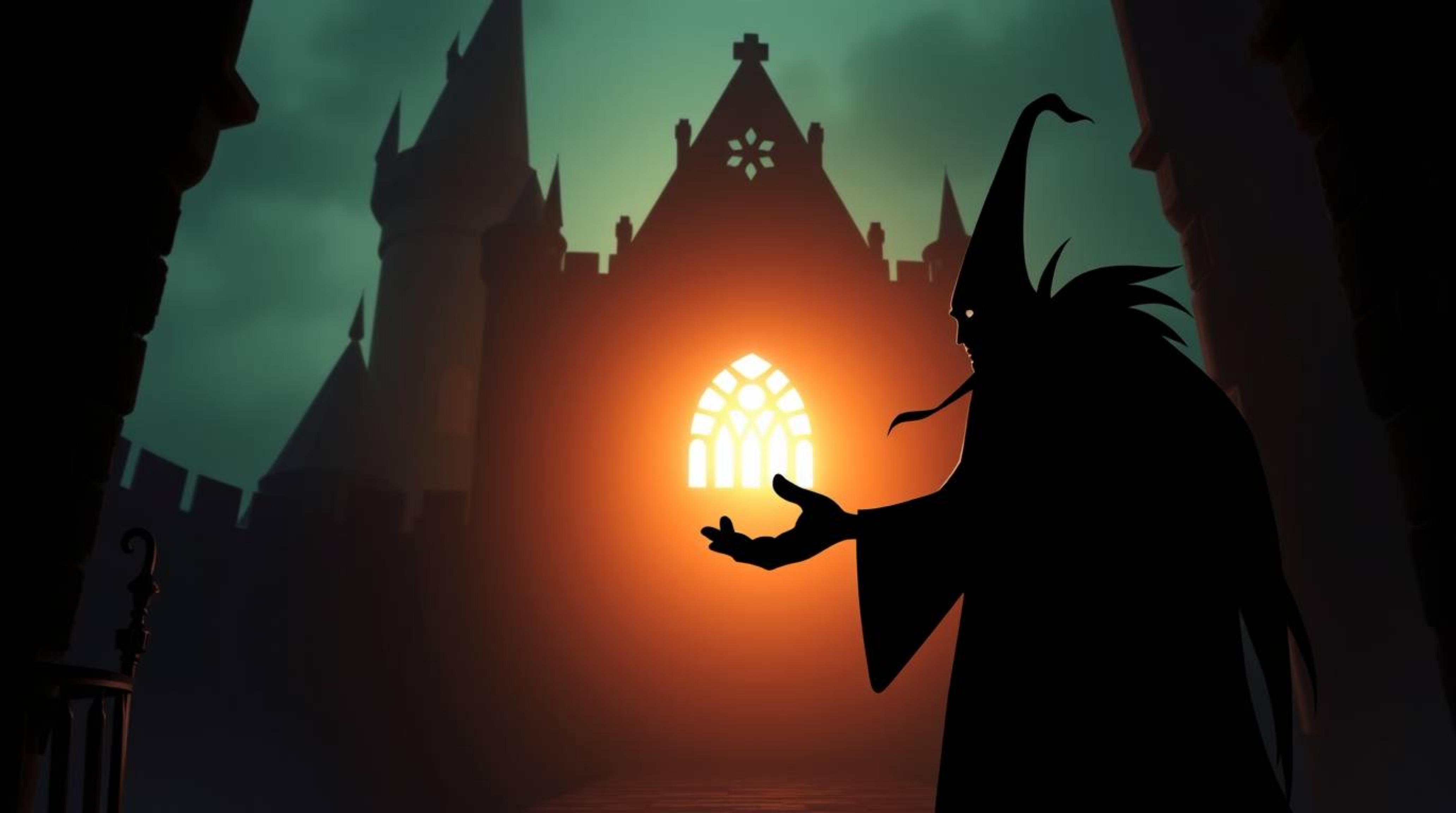 A silhouetted classic Disney villain is depicted casting a spell within the aged walls of an old castle. The scene utilizes b