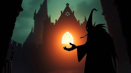 A silhouetted classic Disney villain is depicted casting a spell within the aged walls of an old castle. The scene utilizes b