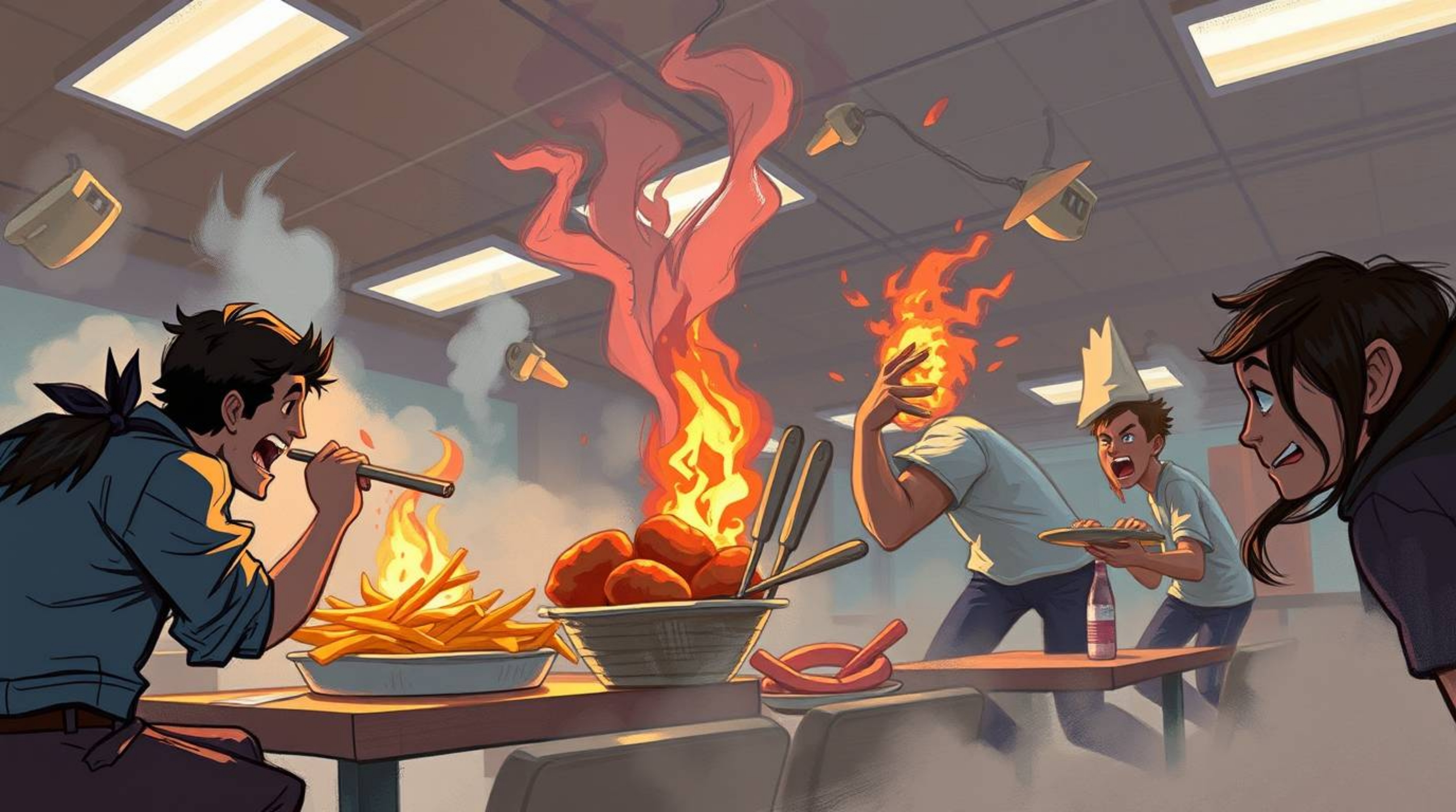A dynamic digital sketch depicting a cartoon cafeteria food fight from a low angle perspective, rendered with loose painterly