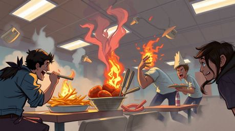 A dynamic digital sketch depicting a cartoon cafeteria food fight from a low angle perspective, rendered with loose painterly