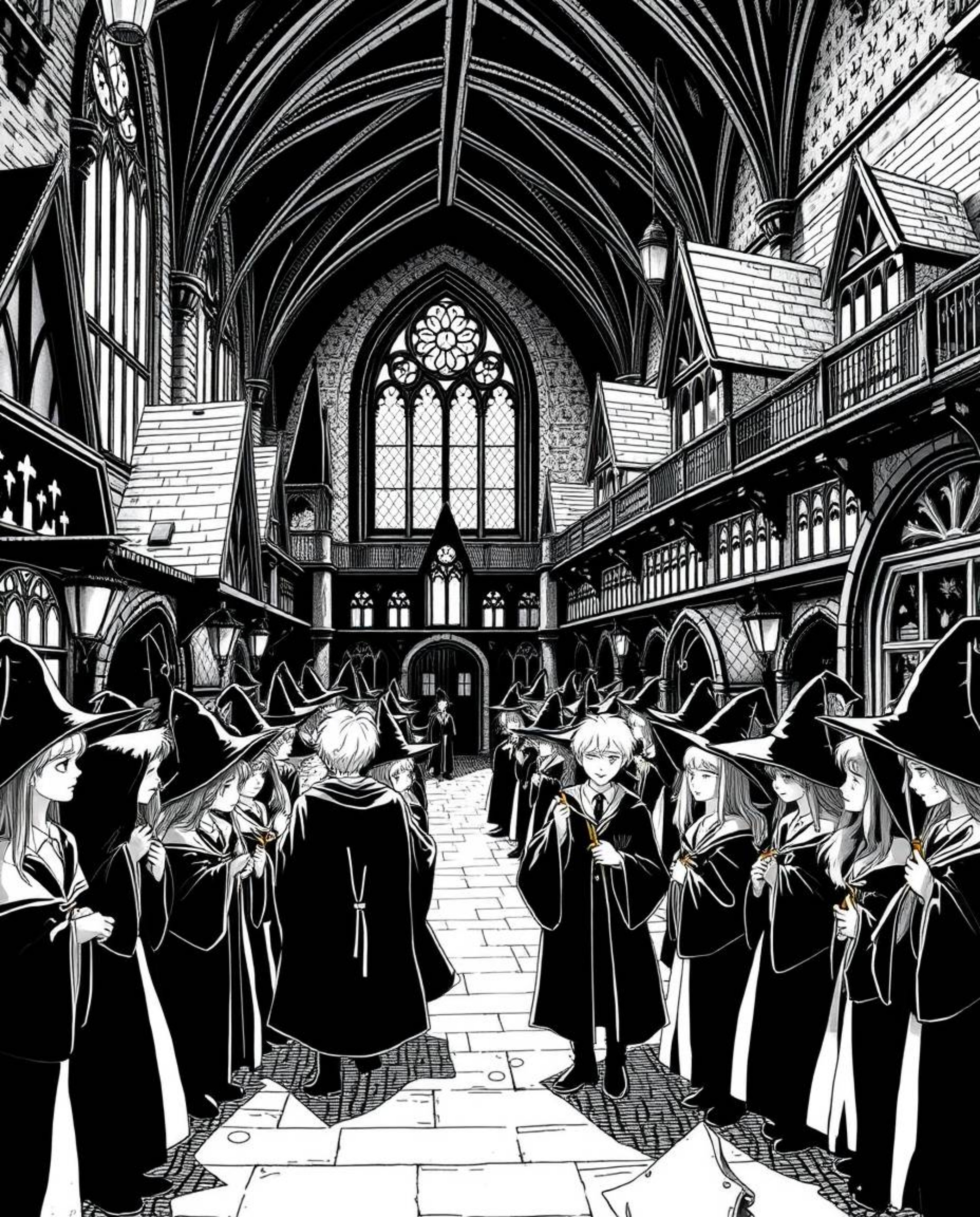Discover a timeless and elegant depiction of a magical school brimming with young wizards. This classic black and white illus