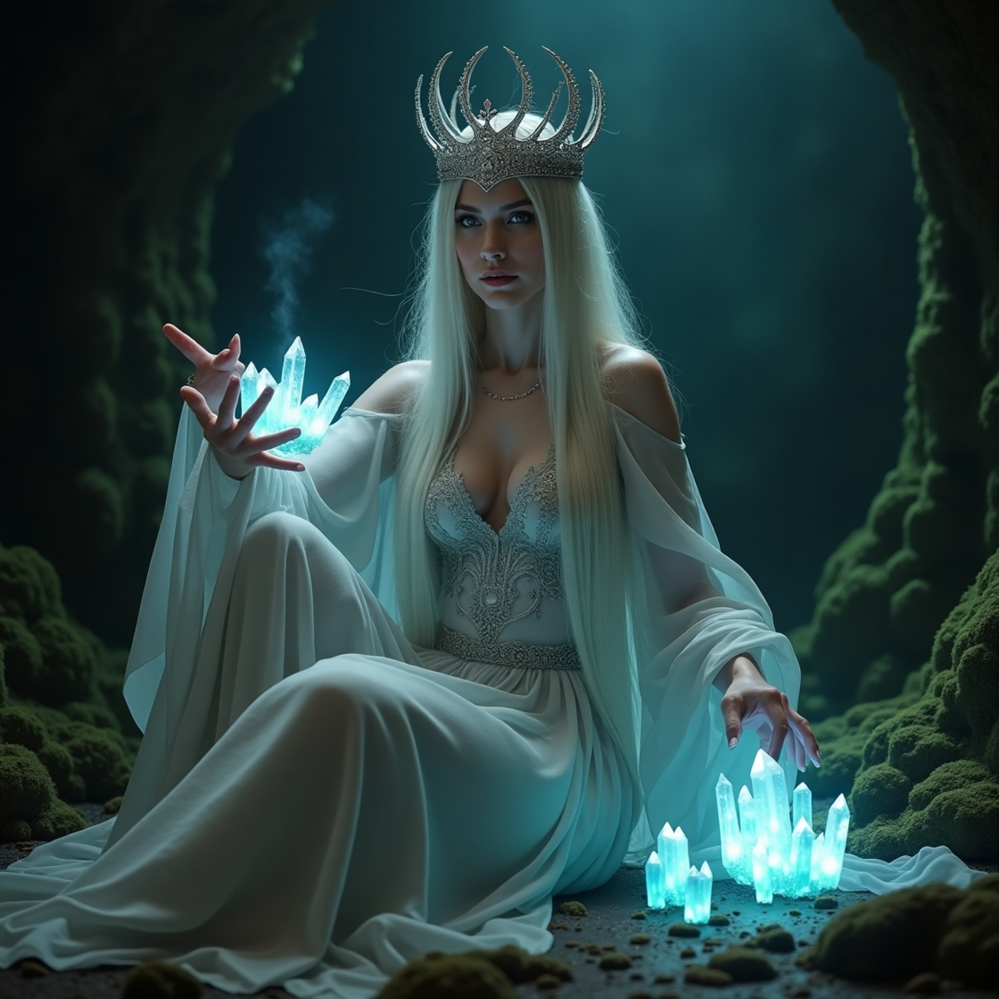 In the heart of a dark and damp cavern, a statuesque mystical sorceress stands, her ethereal presence captivating all. Adorne
