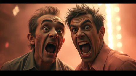 A digital painting in surreal infrared tones uses a blurred bokeh effect to depict a hilarious gross-out comedy moment with e