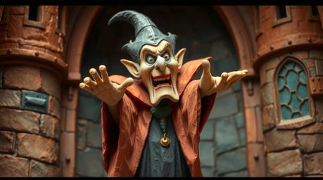This papier-mâché sculpture depicts a classic Disney villain conjuring a spell within the aged walls of an old castle. The ar