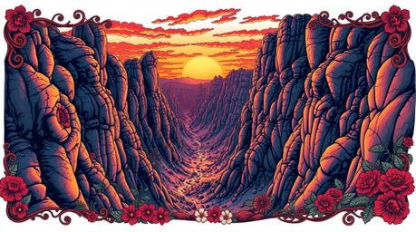 This vibrant color traditional tattoo art print showcases a breathtaking rocky canyon bathed in warm sunset hues.  With a cin